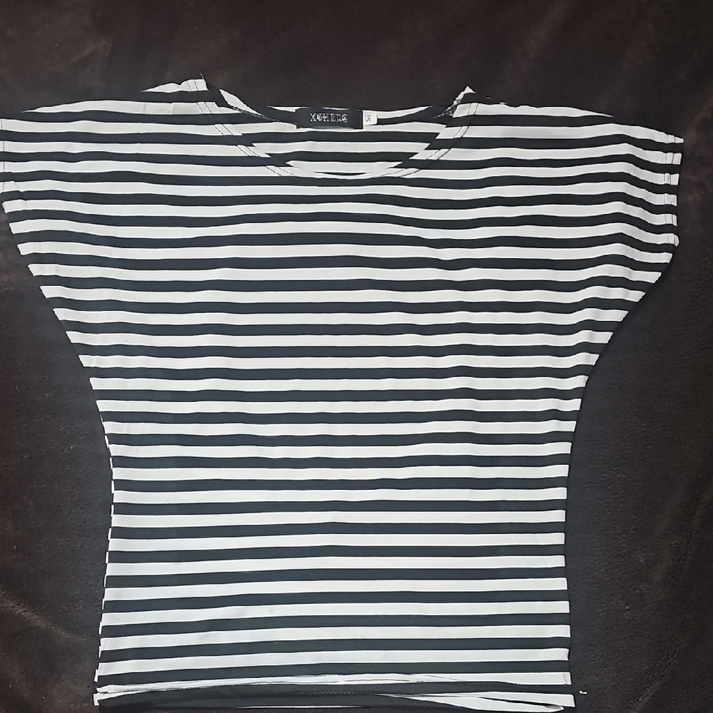 White And Black Striped Top With Heart Cut Out On Back